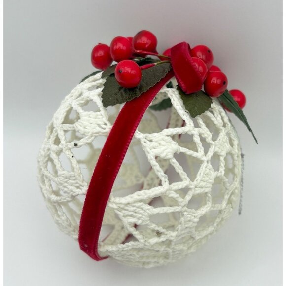 Handcrafted White Crochet Christmas Ornament Ball Starched Red Berries Ribbon - Picture 6 of 6